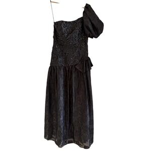 Vintage Mike Benet Formals Black Sequin One Shoulder Puff Sleeve Gown Size 16